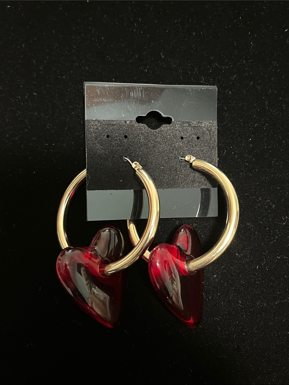 Gold Hoop Earrings with Red Heart Pendants